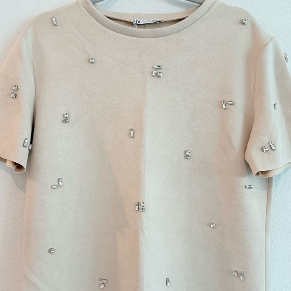 Zara Faux Suede Jewel Dress Elegant Cream Dress with Silver Accents - Picture 3 of 6